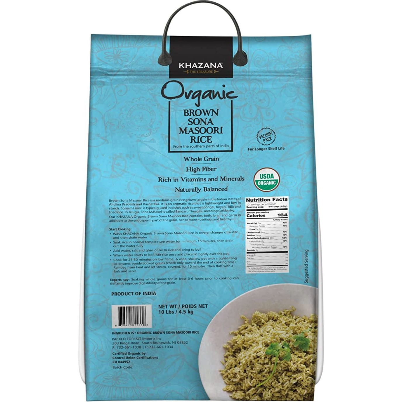Khazana Organic Brown Sona Masoori Rice - 10 Lb (4.5 Kg)