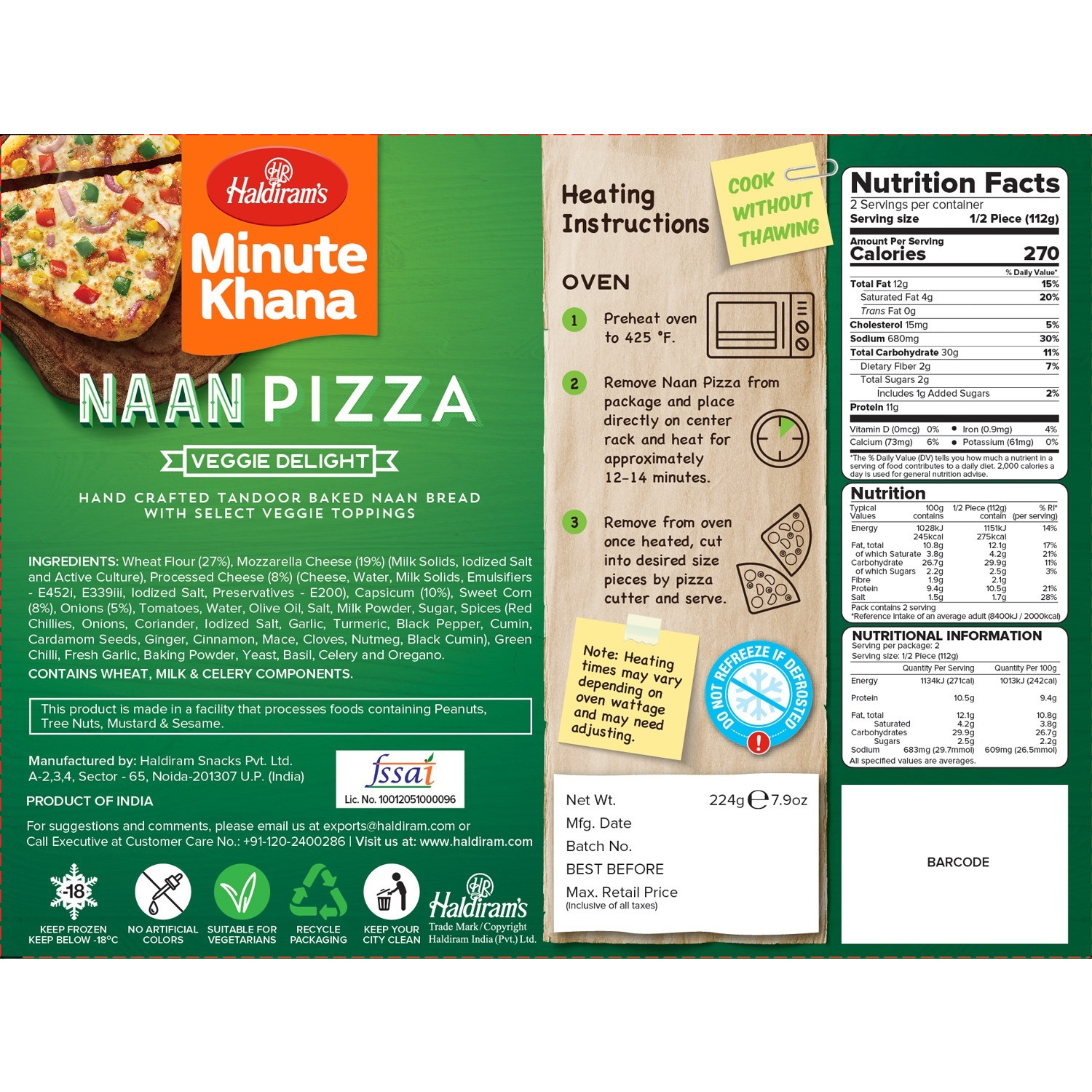 Haldiram's Minute Khana Naan Pizza Veggie Delight - 224 Gm (7.9 Oz)