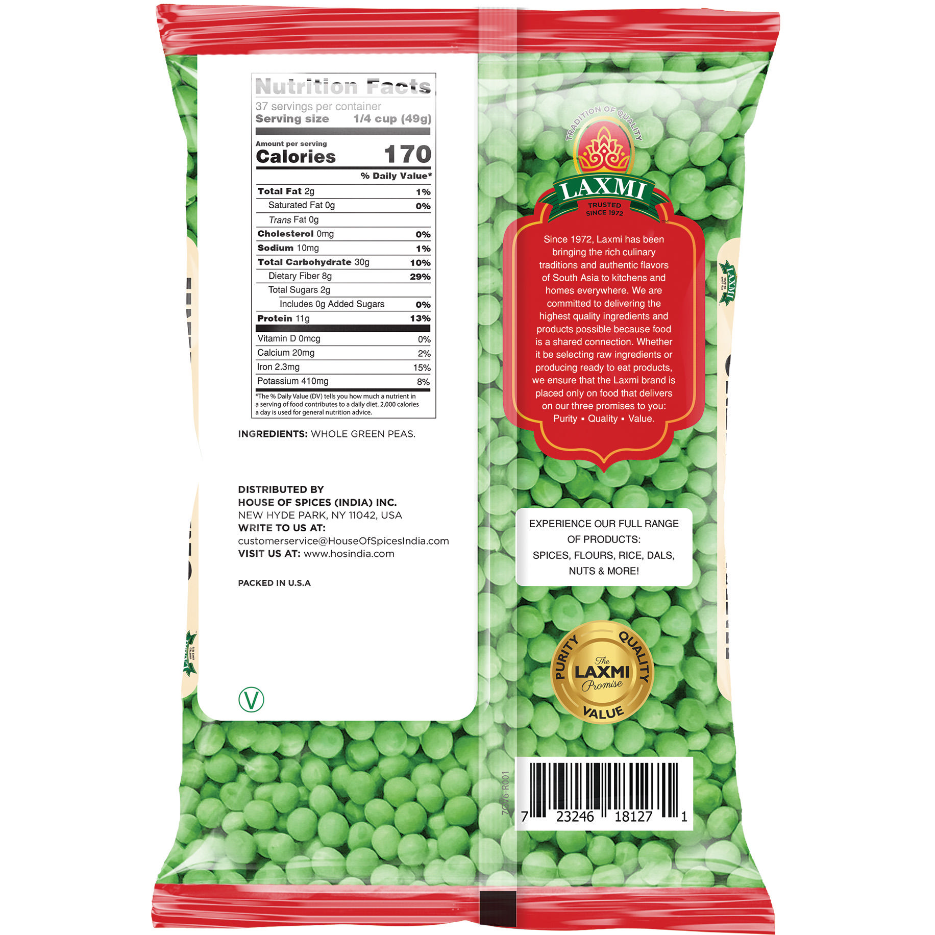 Laxmi Green Vatana Whole Green Peas - 4 Lb (1.81 Kg)