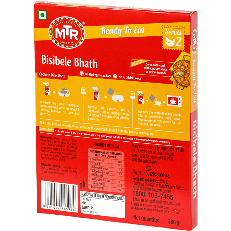 MTR Ready To Eat Bisibele Bhath - 300 Gm (10.5 Oz)